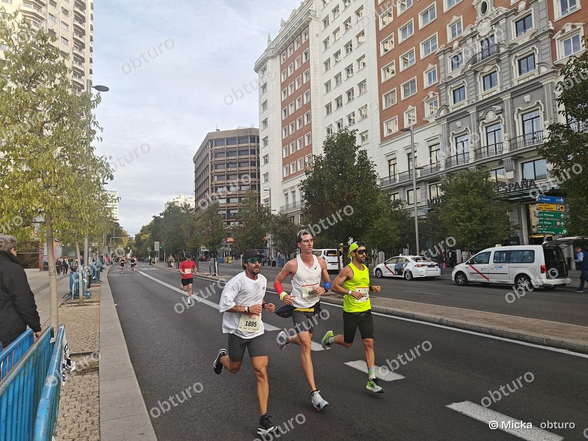 Plusieurs participants s'élancent dans une course à pied urbaine sous un ciel légèrement nuageux, le long d'une avenue bordée d'immeubles.